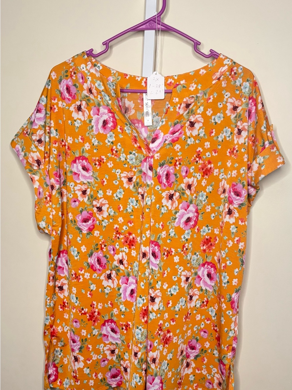 Dear Scarlett Floral V-Neck Short Sleeve Blouse - Yellow with Pink Floral